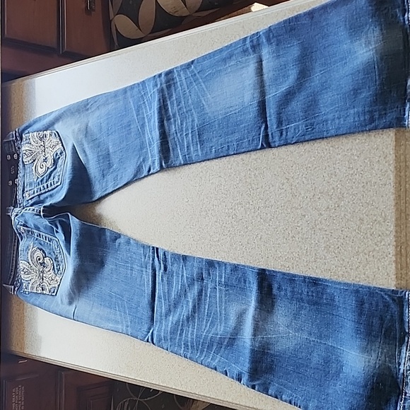 Miss Me Fleur-de-lis Deconstructed Bling Bootcut Jeans Size 27 - Picture 9 of 11